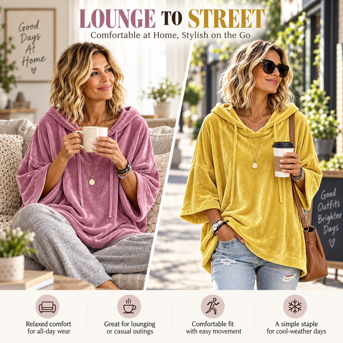 Women's velour hoodie lounge-to-street lifestyle styling