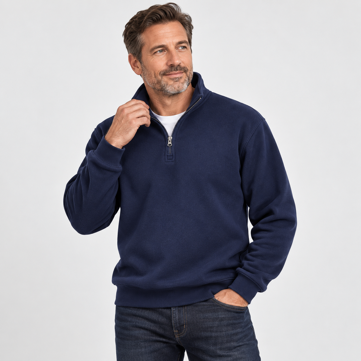 Men’s quarter-zip fleece sweatshirt garage workshop lifestyle