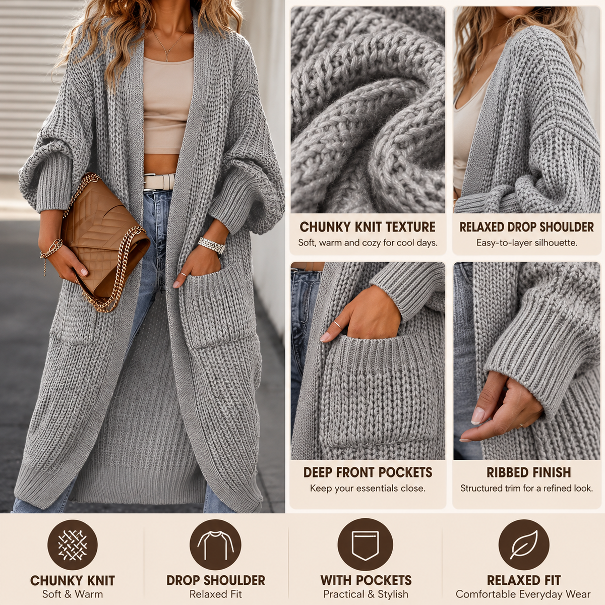 Women's chunky knit long cardigan texture drop shoulder pockets and ribbed details
