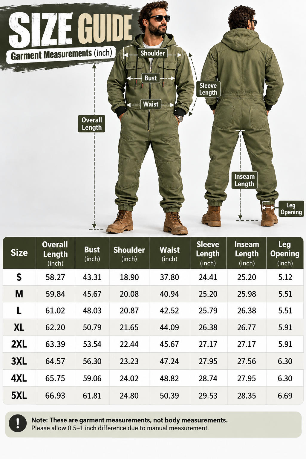 Men's hooded cargo jumpsuit size guide S through 5XL