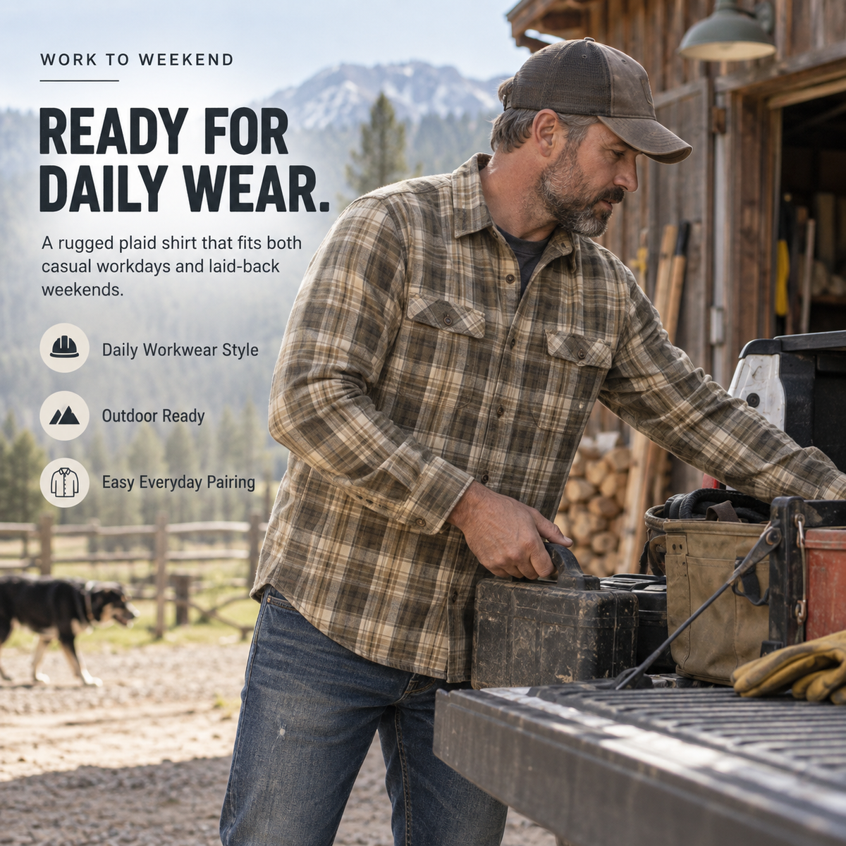 Men wearing plaid work shirt during an outdoor work task