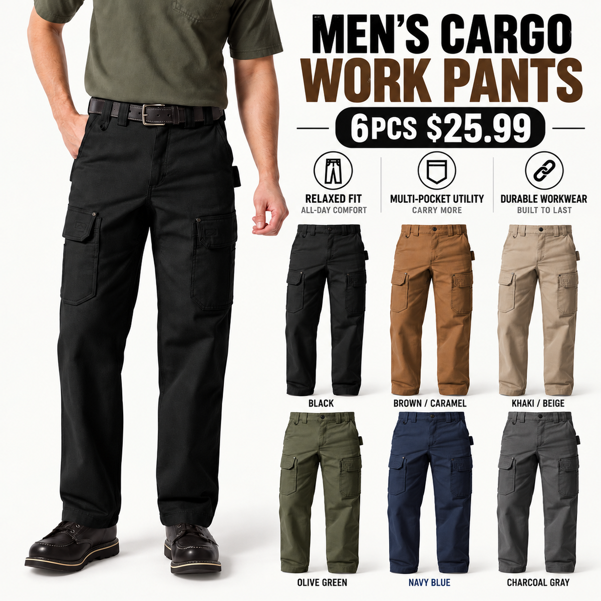 6-pack men heavy-duty cargo work pants promotion