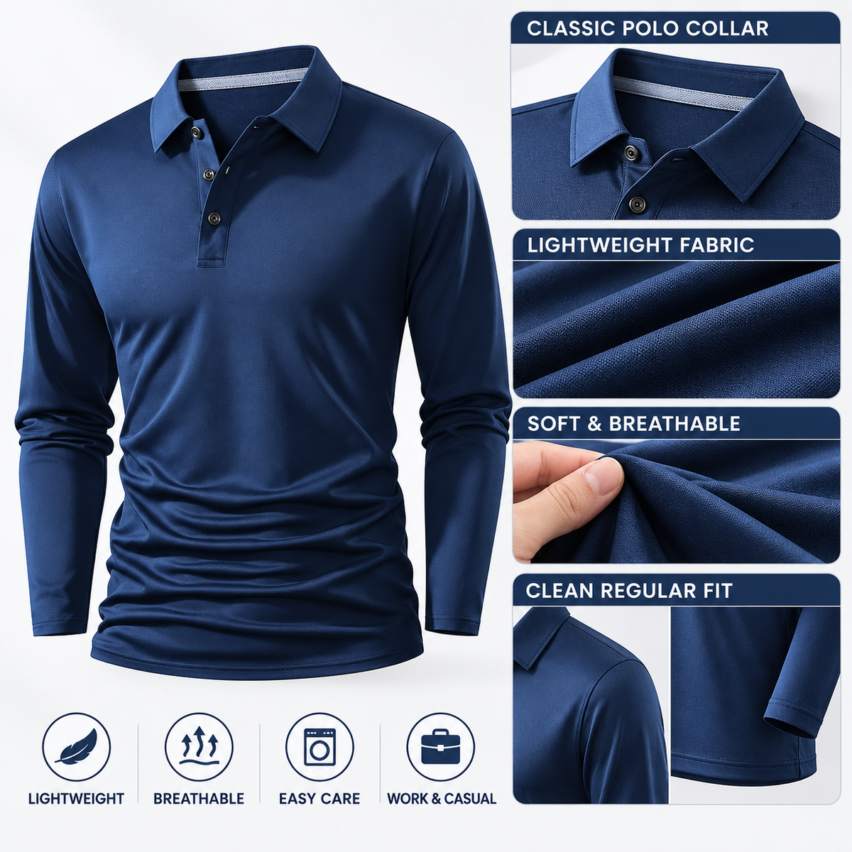 Long sleeve polo collar lightweight fabric and fit details