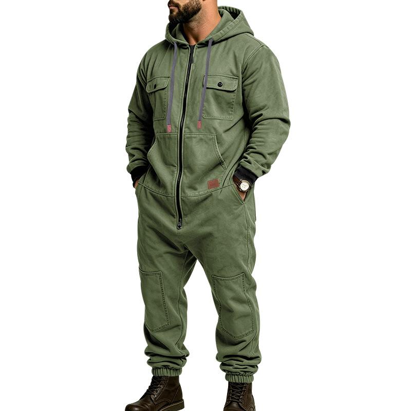 Men's green hooded cargo utility jumpsuit