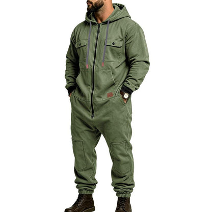 Men's green hooded cargo utility jumpsuit