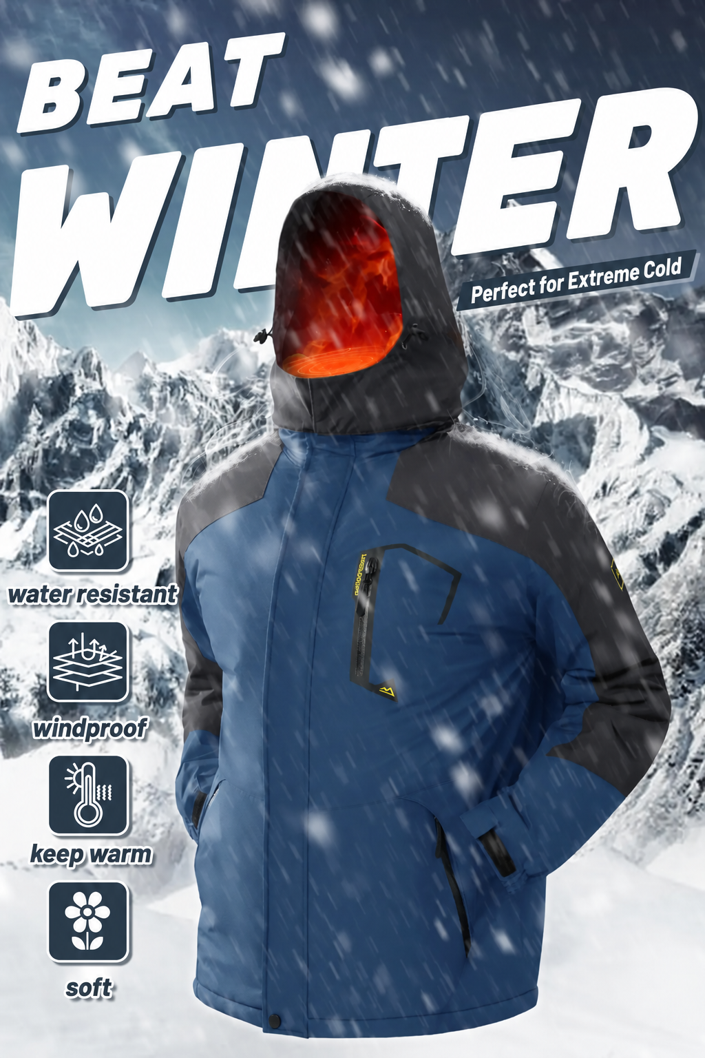 Men's fleece-lined outdoor jacket in snowy cold-weather conditions