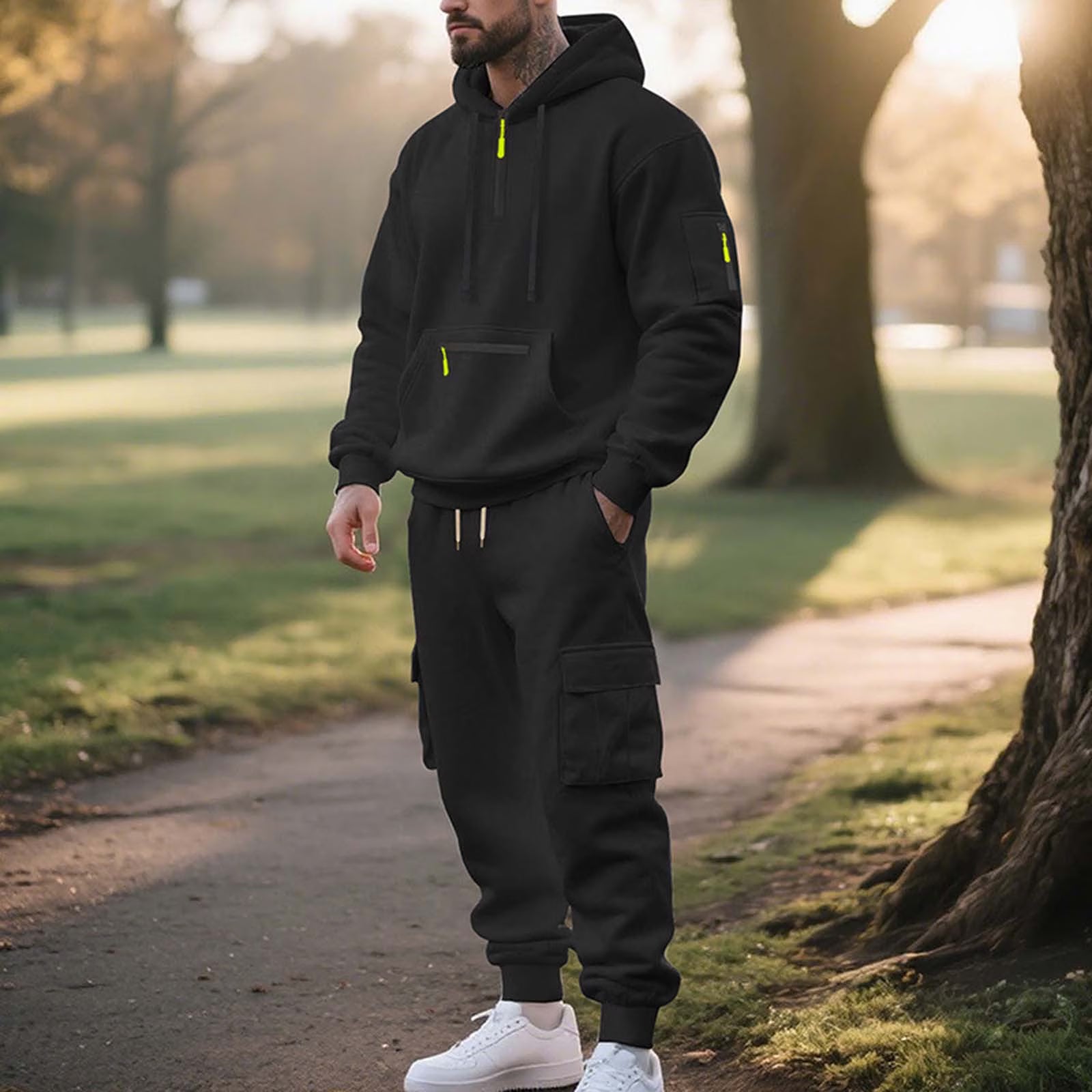 Men's black hooded cargo jogger outfit