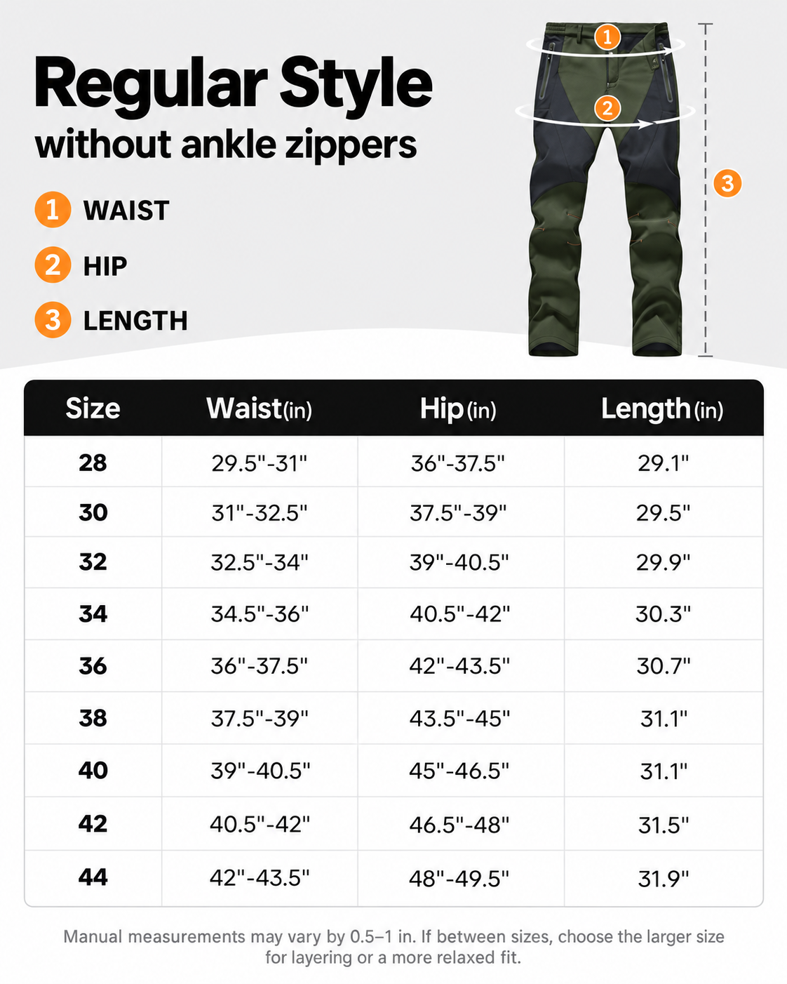 Men's winter outdoor pants size guide sizes 28 to 44