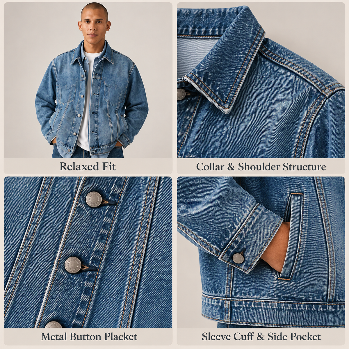 Relaxed fit denim trucker jacket detail guide
