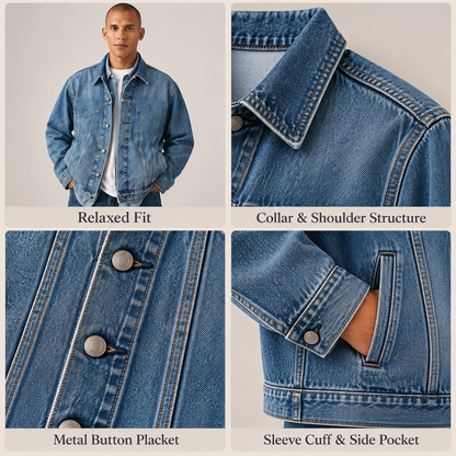 Relaxed fit denim trucker jacket detail guide