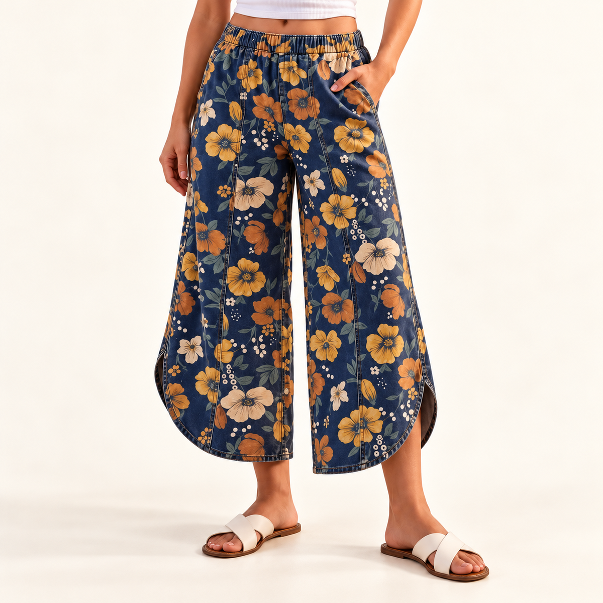 Navy floral pants front view