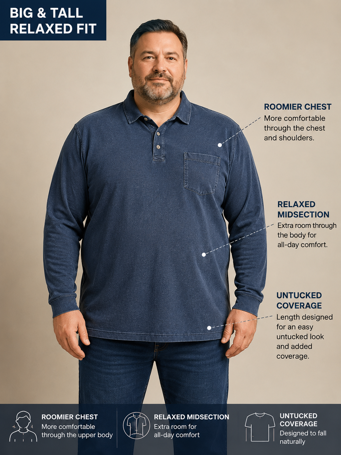 Big and tall men's relaxed fit long sleeve washed polo