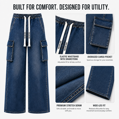 Men's cargo denim waistband pocket fabric and wide-leg details