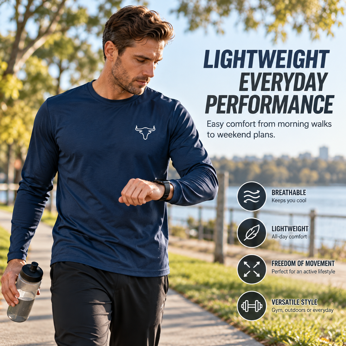 Men’s navy long sleeve athletic shirt model fit