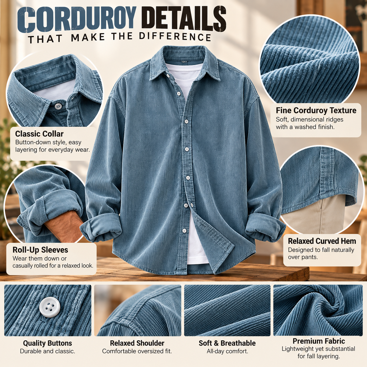 Men’s oversized corduroy shirt model fit