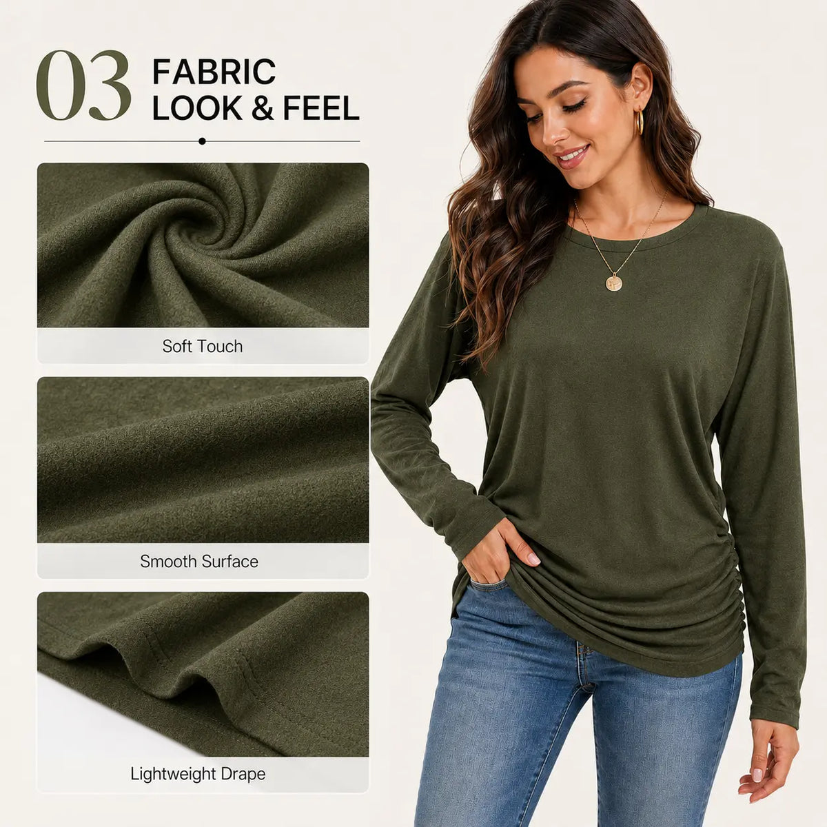 🔥 BESTSELLER | 8PCS $25.99 | Women's Ruched-Hem Lightweight Long Sleeve Top