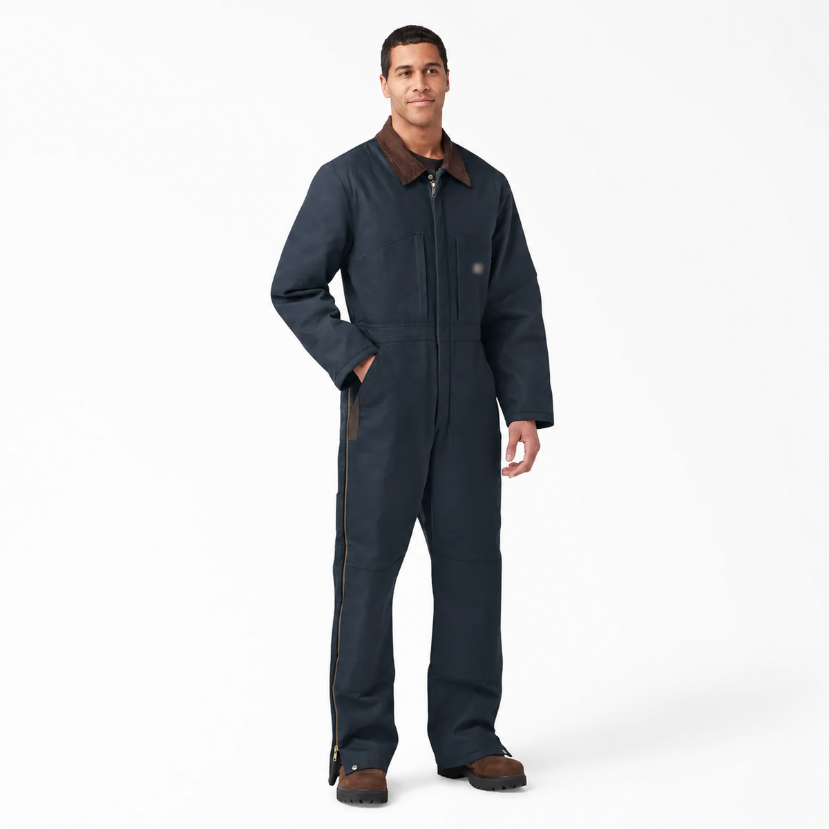 Men's dark navy insulated work coveralls front view