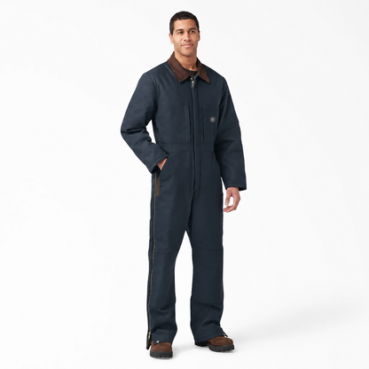 Men's dark navy insulated work coveralls front view