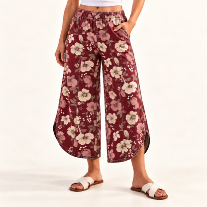 Burgundy floral pants front view