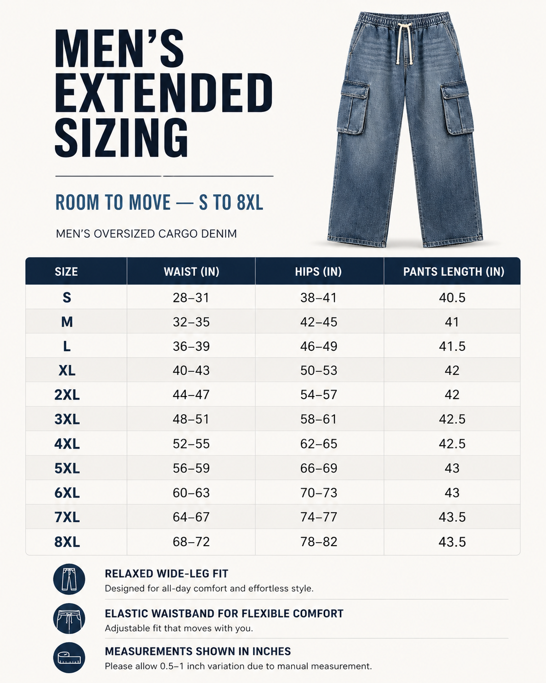 Men's oversized cargo denim pants size chart S to 8XL in inches