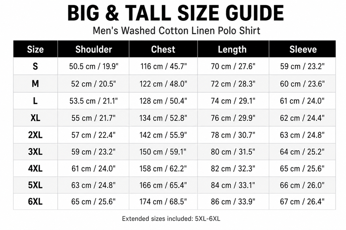 Big and tall men's long sleeve polo size guide S to 6XL