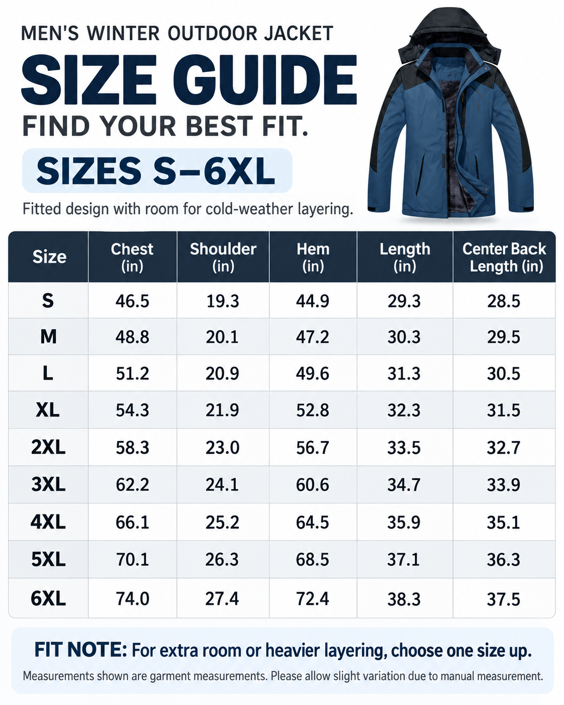 Men's outdoor jacket size guide S to 6XL