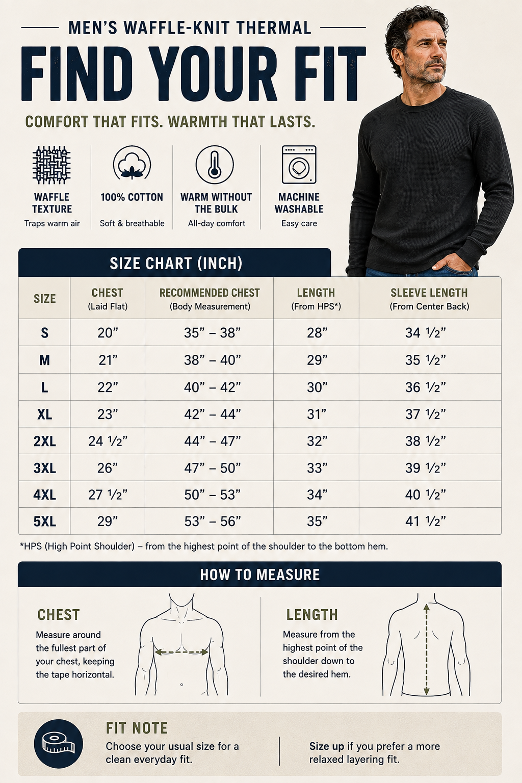 Men's Waffle-Knit Thermal Size Chart