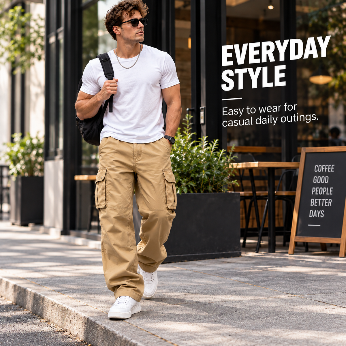 Men wearing khaki loose fit cargo pants from multiple angles
