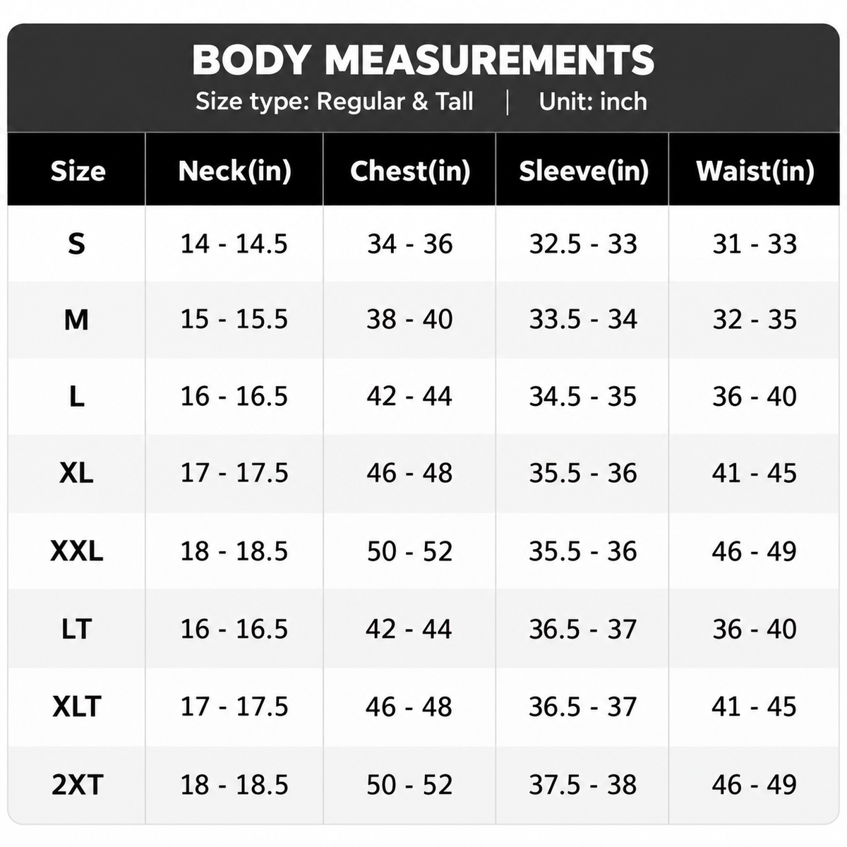 Men's western denim shirt regular and tall size guide