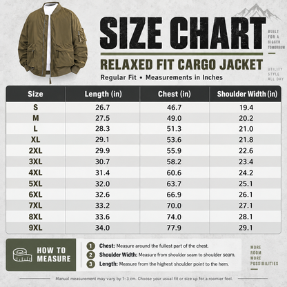 Men's cargo workwear jacket size chart S to 9XL