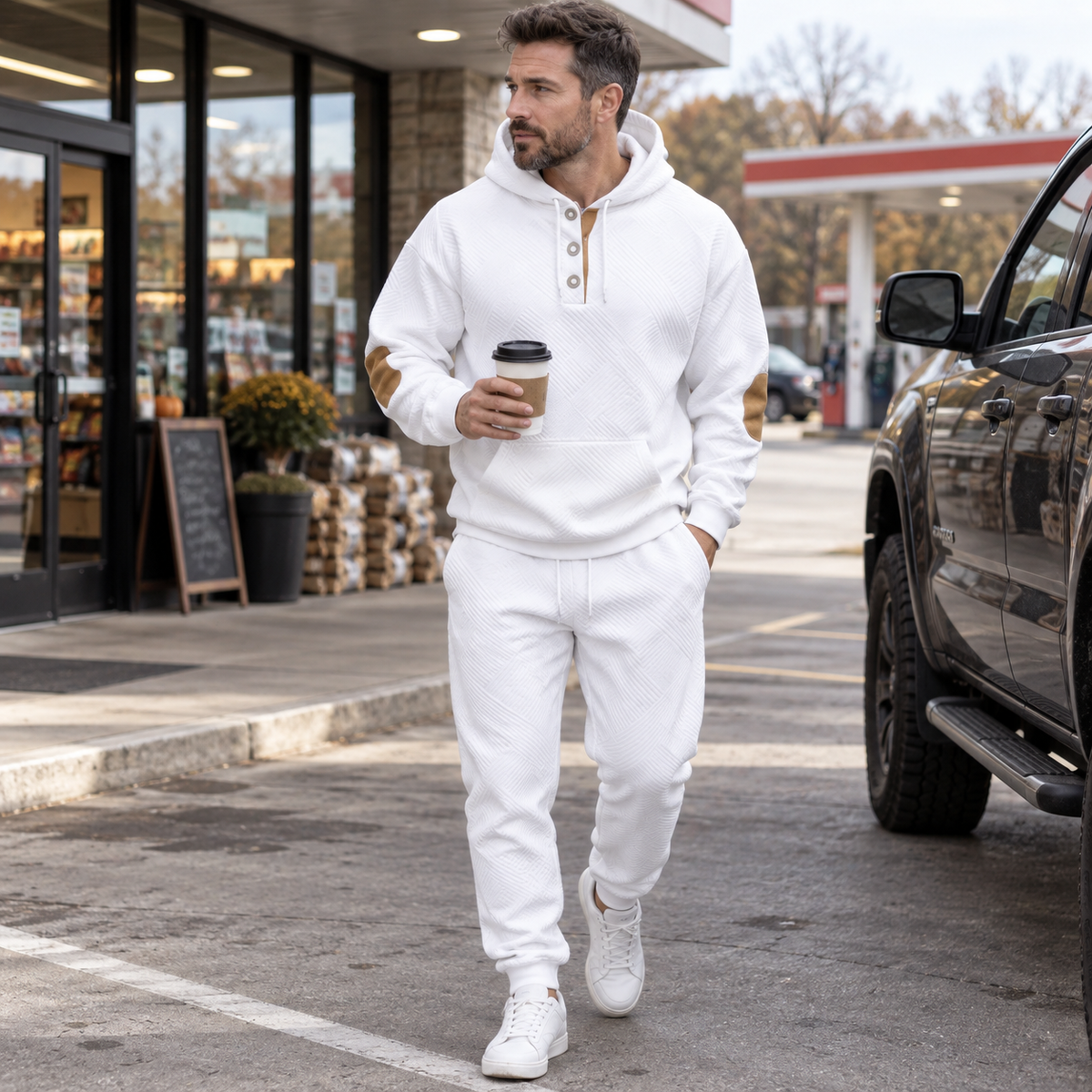 Man wearing white textured hoodie jogger set for everyday casual wear