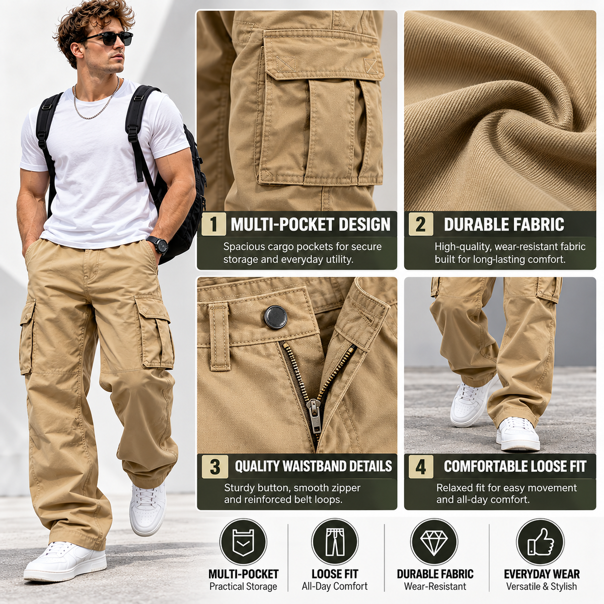 Men's cargo pants pocket fabric waistband and loose fit details