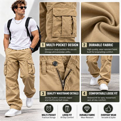 Men's cargo pants pocket fabric waistband and loose fit details