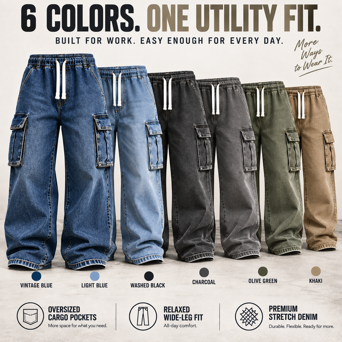 Six colors of men's oversized cargo denim pants