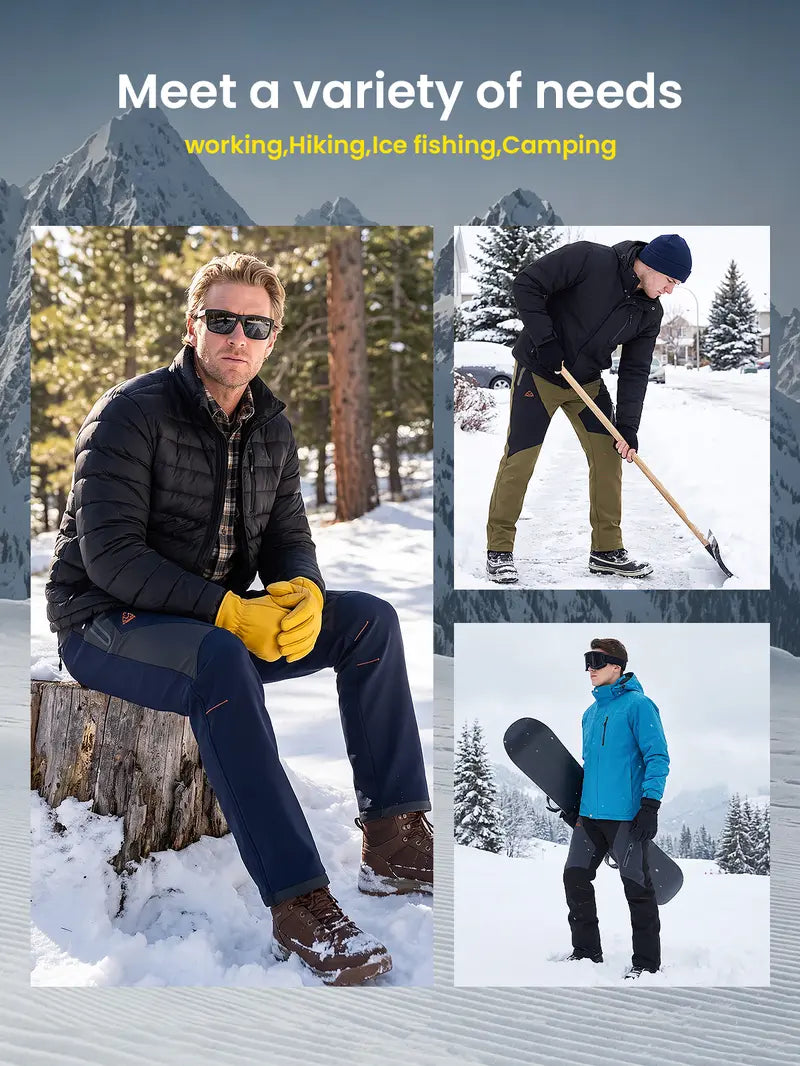 Men wearing winter outdoor pants for hiking snow work and winter activities