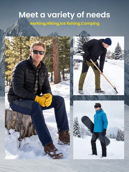 Men wearing winter outdoor pants for hiking snow work and winter activities