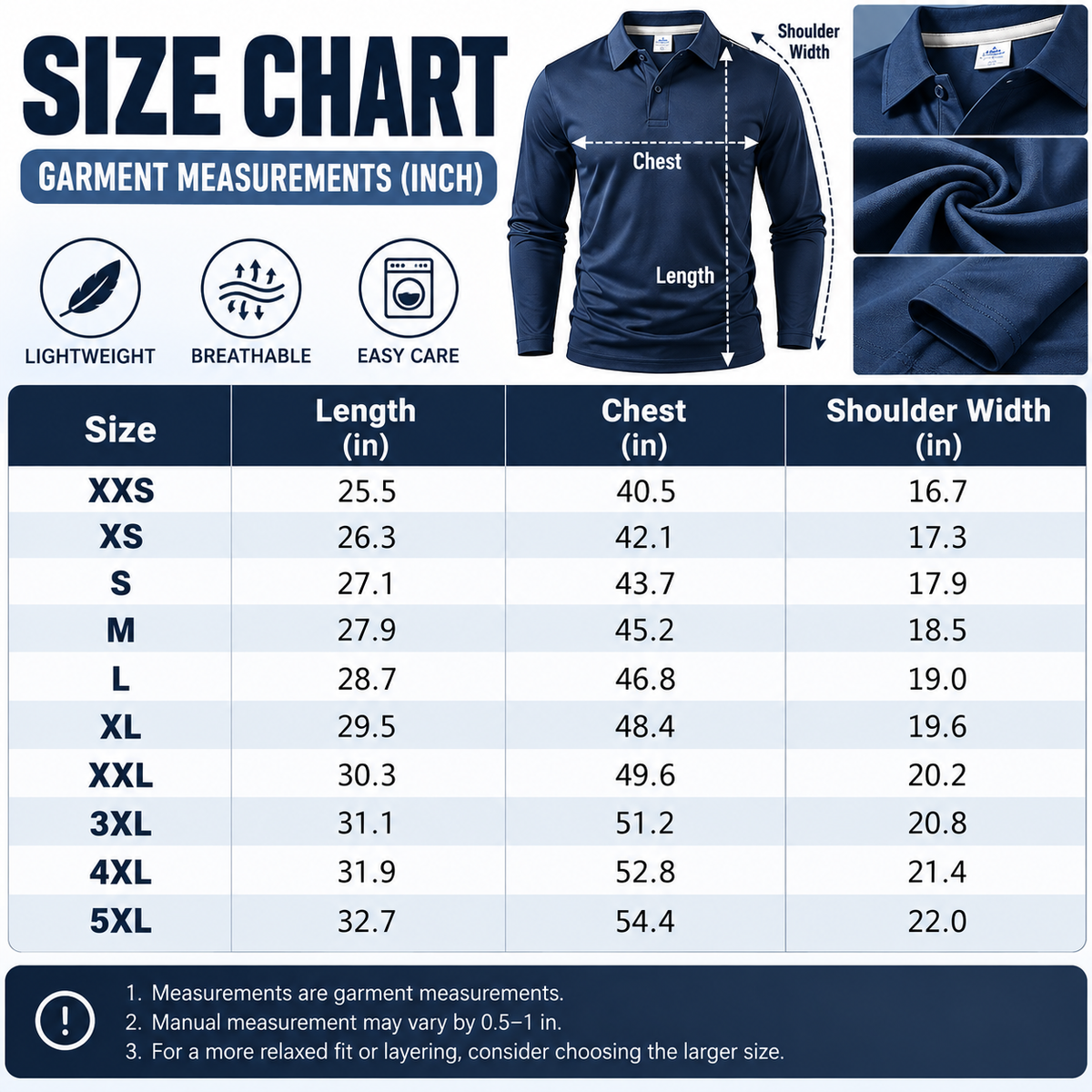 Men's long sleeve polo shirt size guide XXS to 5XL