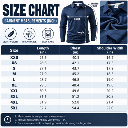Men's long sleeve polo shirt size guide XXS to 5XL