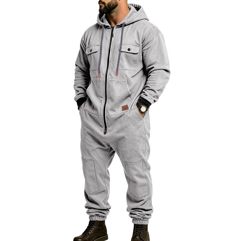 Men's gray hooded cargo utility jumpsuit