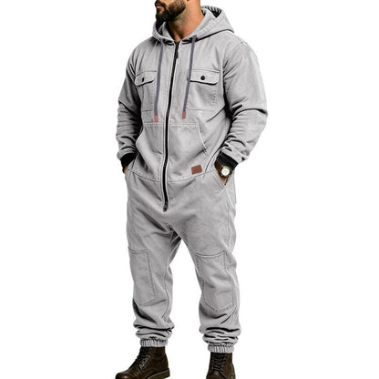 Men's gray hooded cargo utility jumpsuit