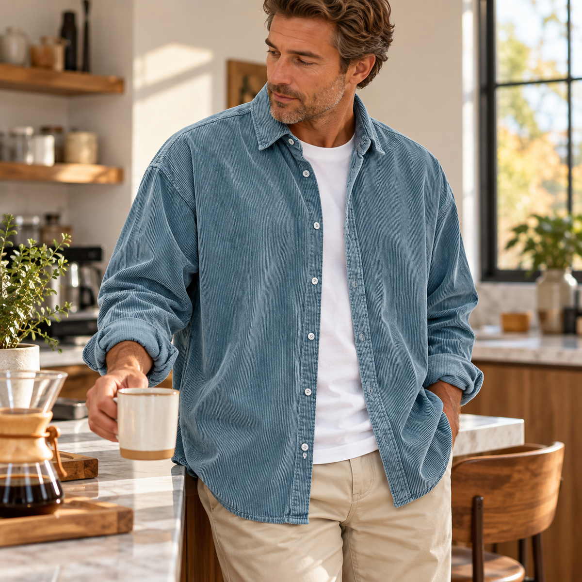 Men’s brown corduroy shirt lifestyle scene