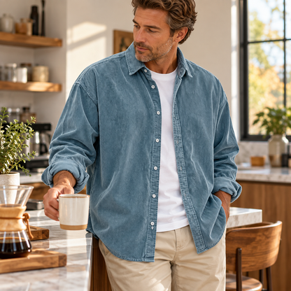 Men’s brown corduroy shirt lifestyle scene