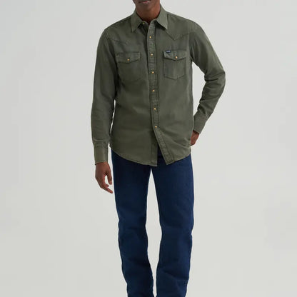 Olive denim western snap shirt front model view