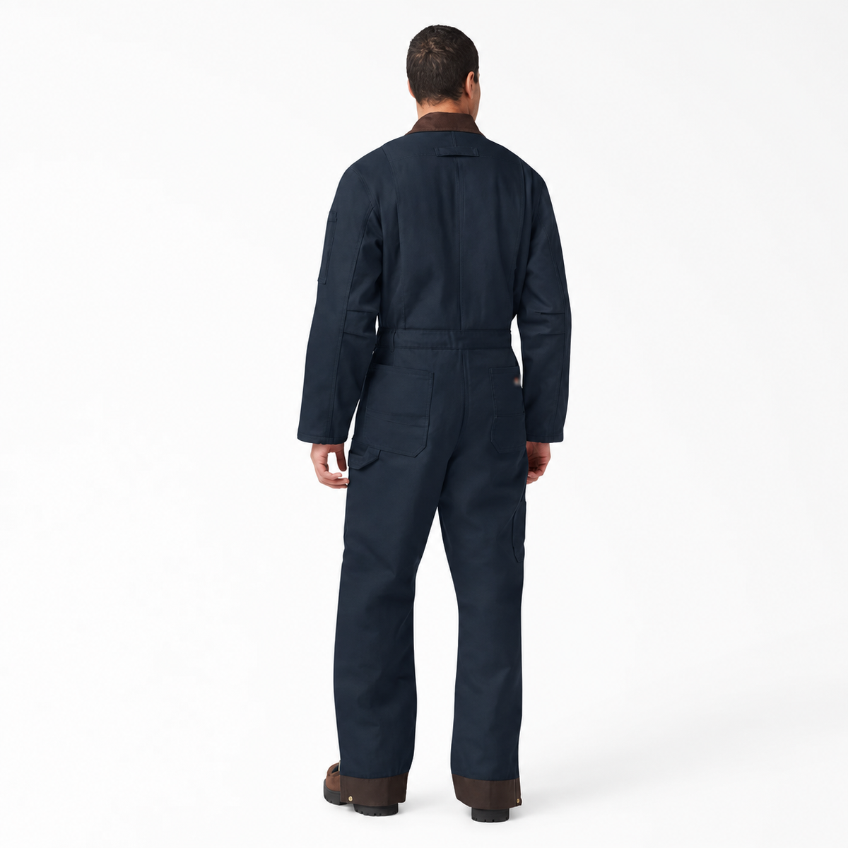 Back view of men's dark navy insulated work coveralls