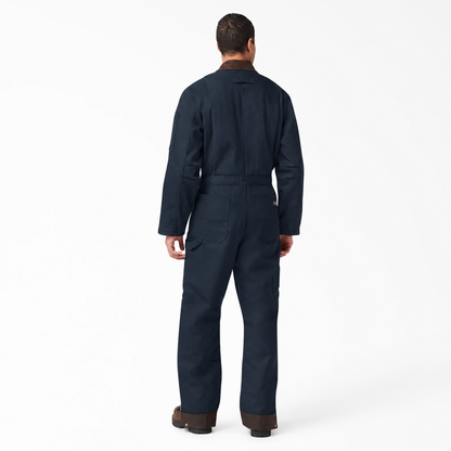 Back view of men's dark navy insulated work coveralls