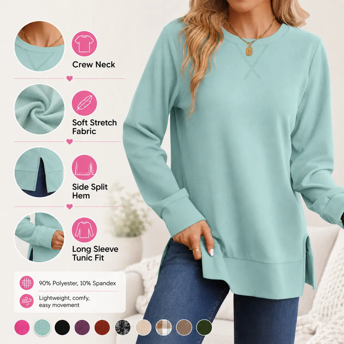 🔥 BESTSELLER | 8PCS $25.99 | Women's Side-Split Long Sleeve Tunic Sweatshirt