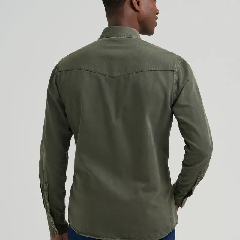 Olive denim western shirt back view