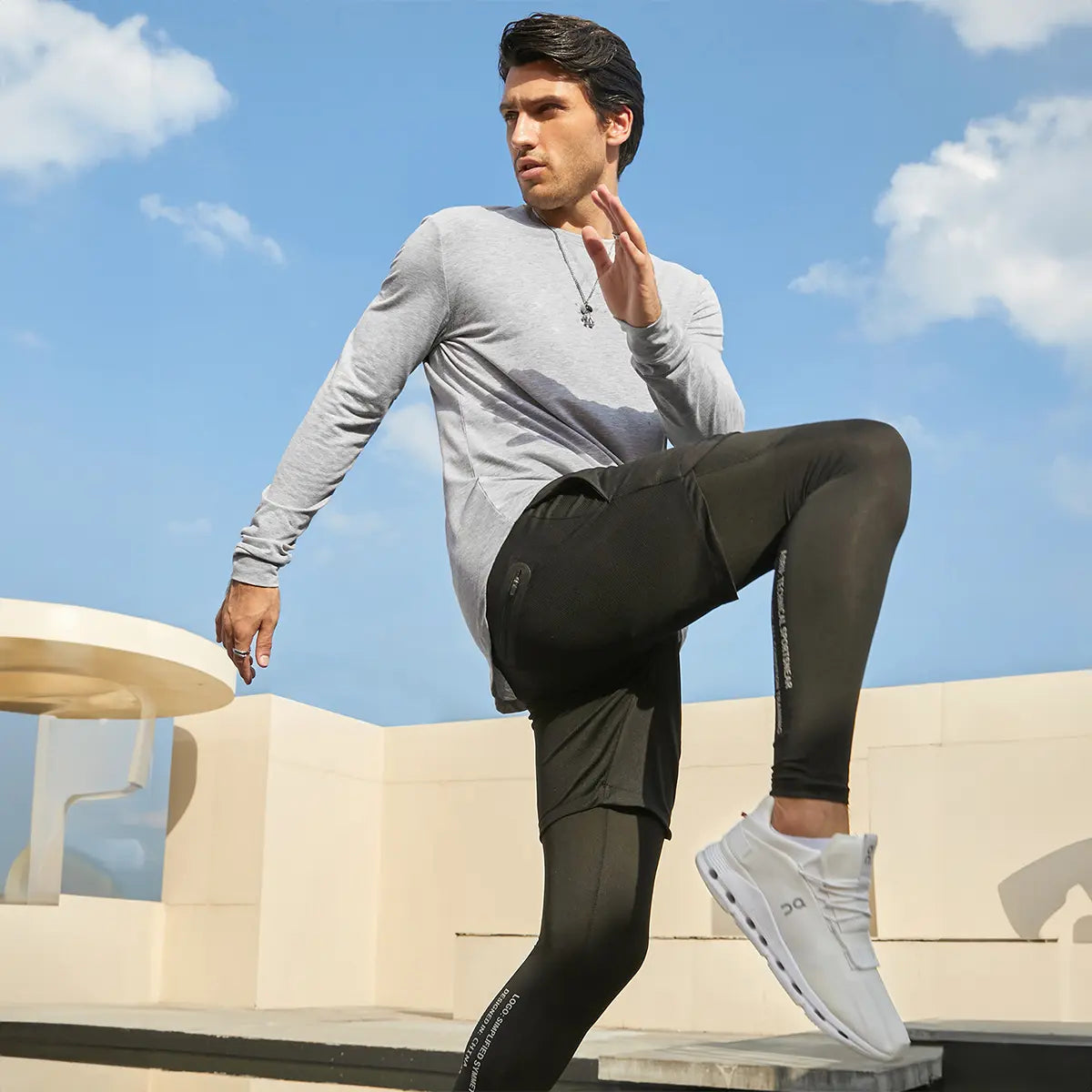 Men's long-sleeve crewneck T-shirt lifestyle