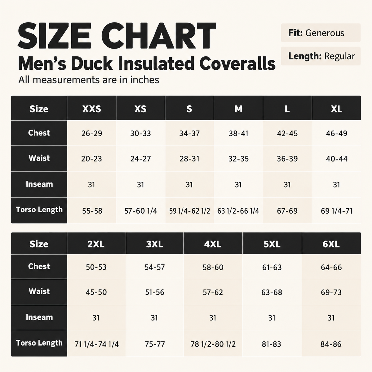 Men's duck insulated coveralls regular length size chart XXS through 6XL