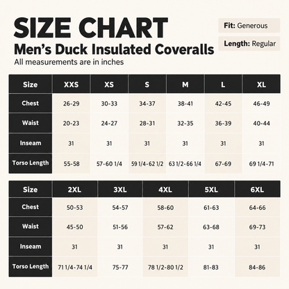 Men's duck insulated coveralls regular length size chart XXS through 6XL